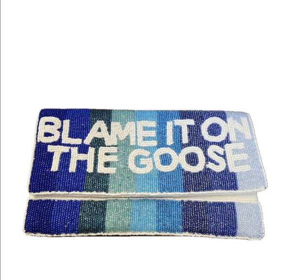 BLAME IT ON THE GOOSE blue beaded clutch purse with gold chain strap. - Picture 1 of 5